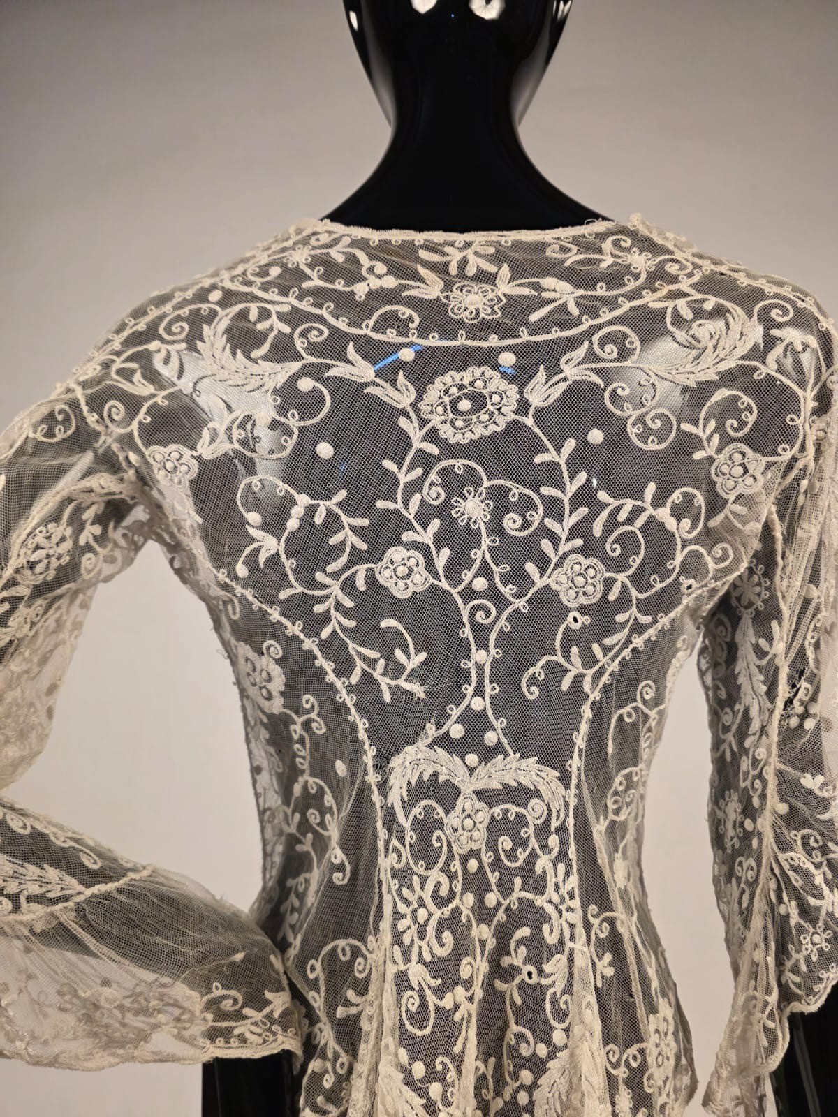 VICTORIAN 1880’S HAND MADE TAMBOUR LACE BUSTLE BACK JACKET W SLIT SLEEVES