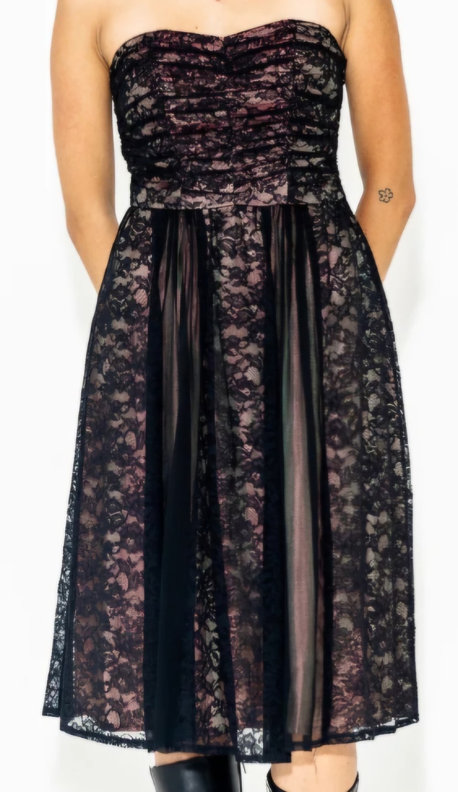 VTG 90s Nanette Lepore Dress Strapless XS Black Lace Silk Liner Whimsy Goth
