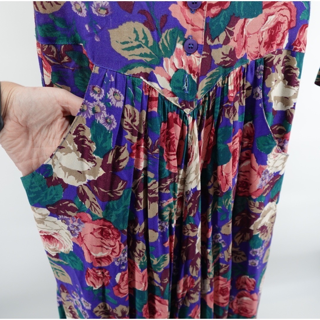 Carol Anderson Vintage Purple Floral Midi Dress Button Front Pockets 80s USA