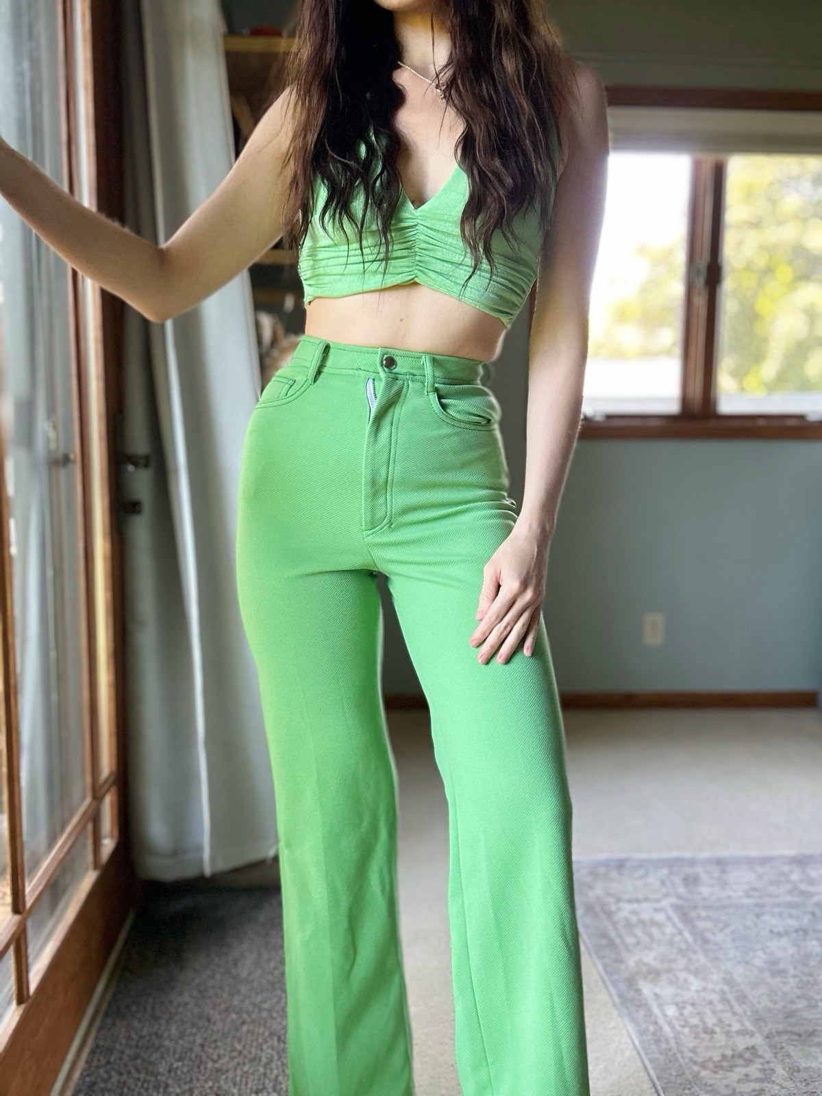 Vintage Spiegel 1970s High Rise Pants Flared Polyester Lime Green Disco Era