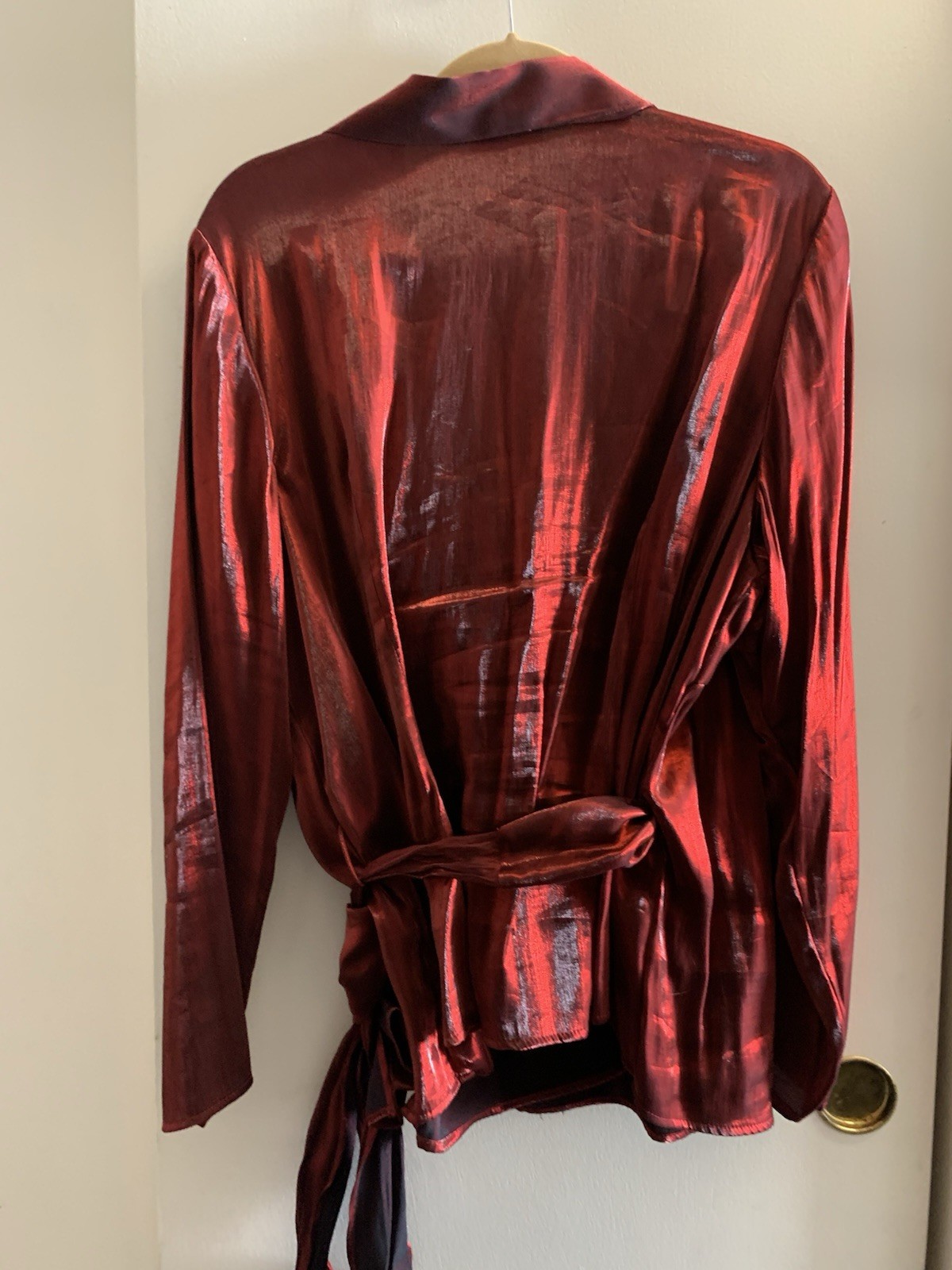 Vintage Burgundy Metallic Wrap Blouse Women 80s 90s Rayon Party Top Size 22-24