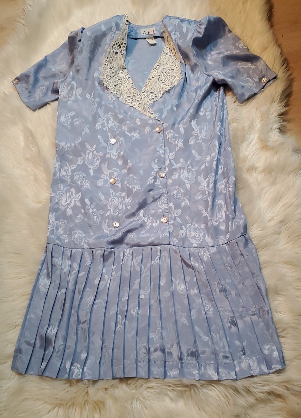 Vtg 60s A.f.11 Dress Size 15/16 Dropwaist Pleated Skirt Baby Blue