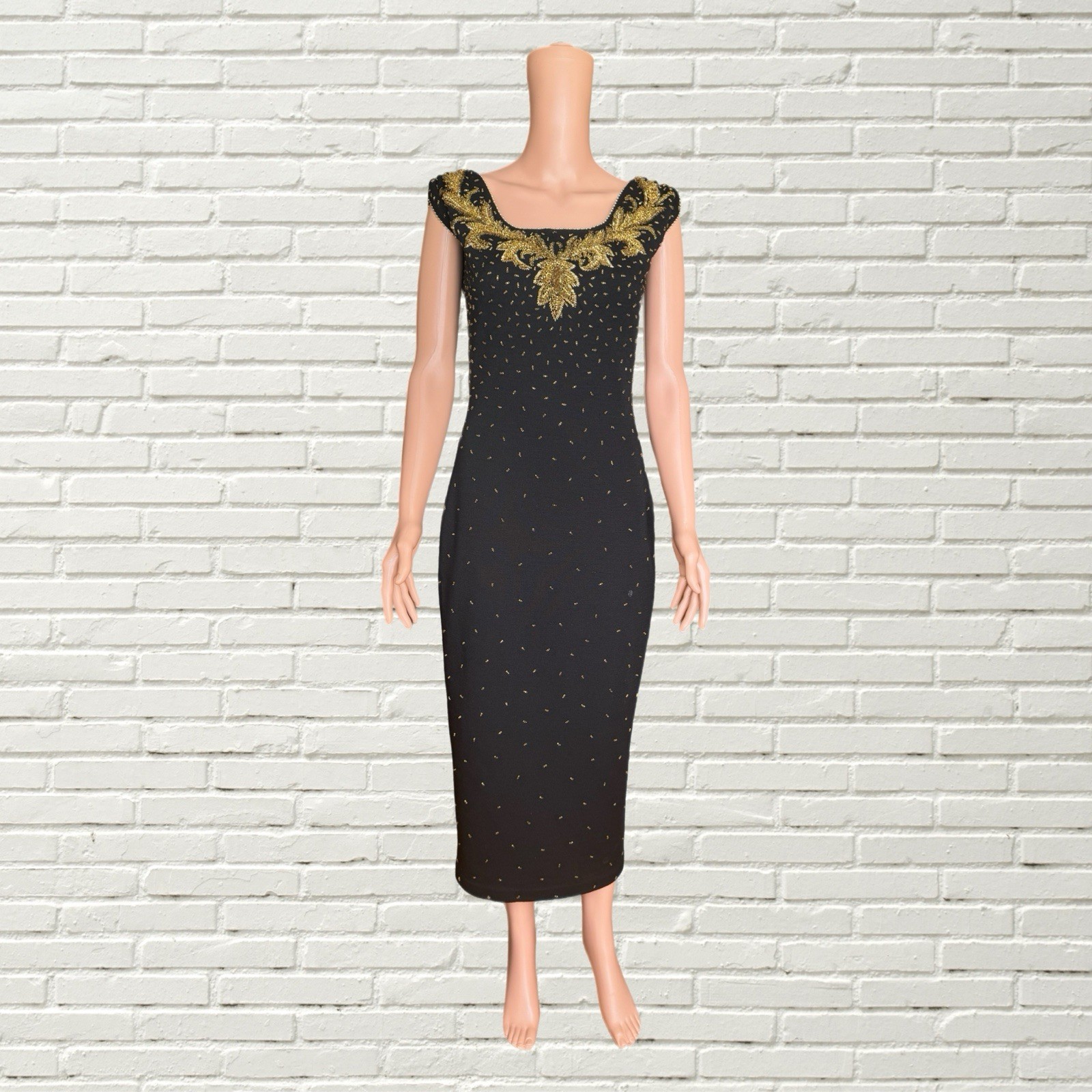 Vintage 80s Norma Kamali Gown – Black Wool Gold Beaded Wiggle Dress
