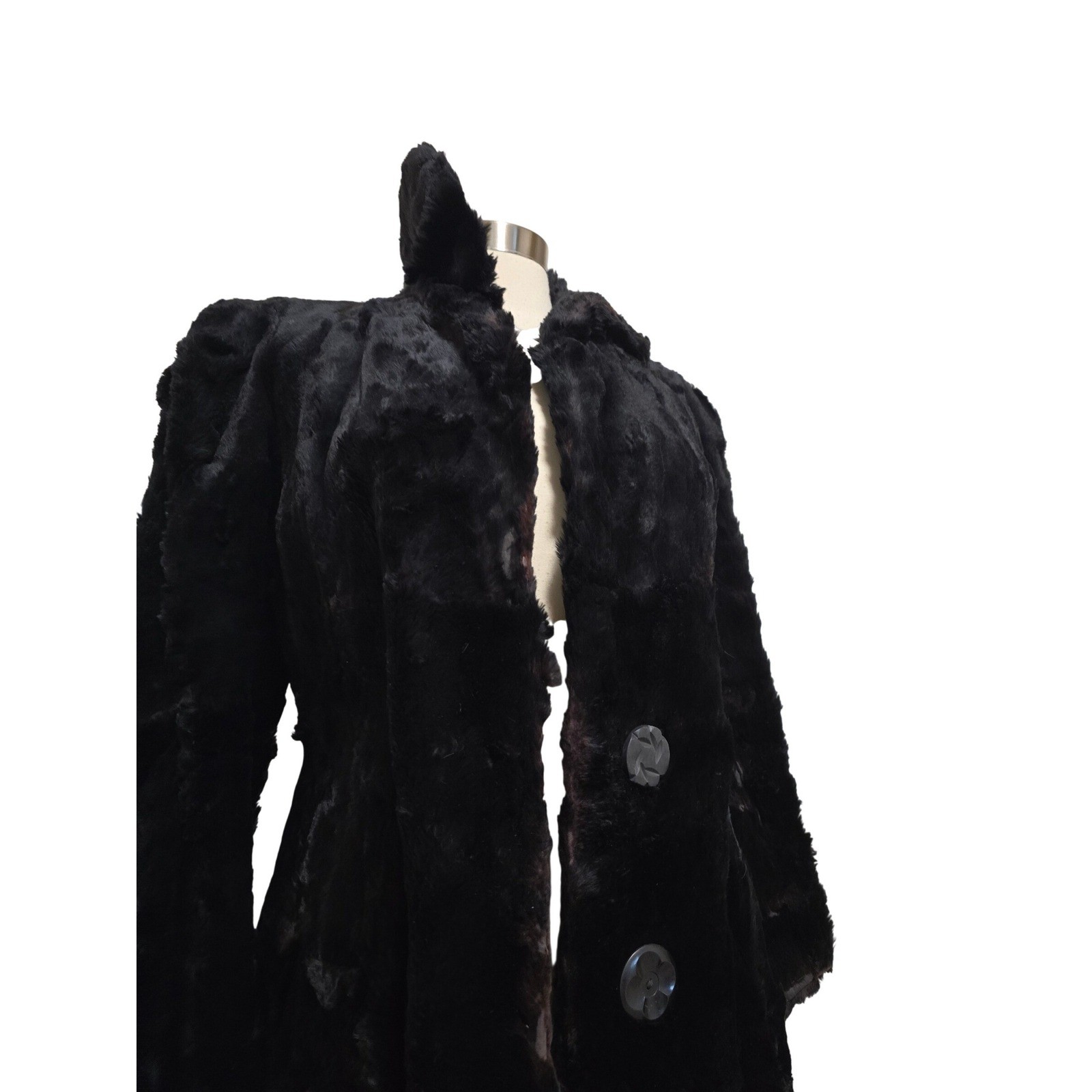 Antique Vintage Black Fur Coat Long Puff Shoulder Carved Button 1940s Style Flaw
