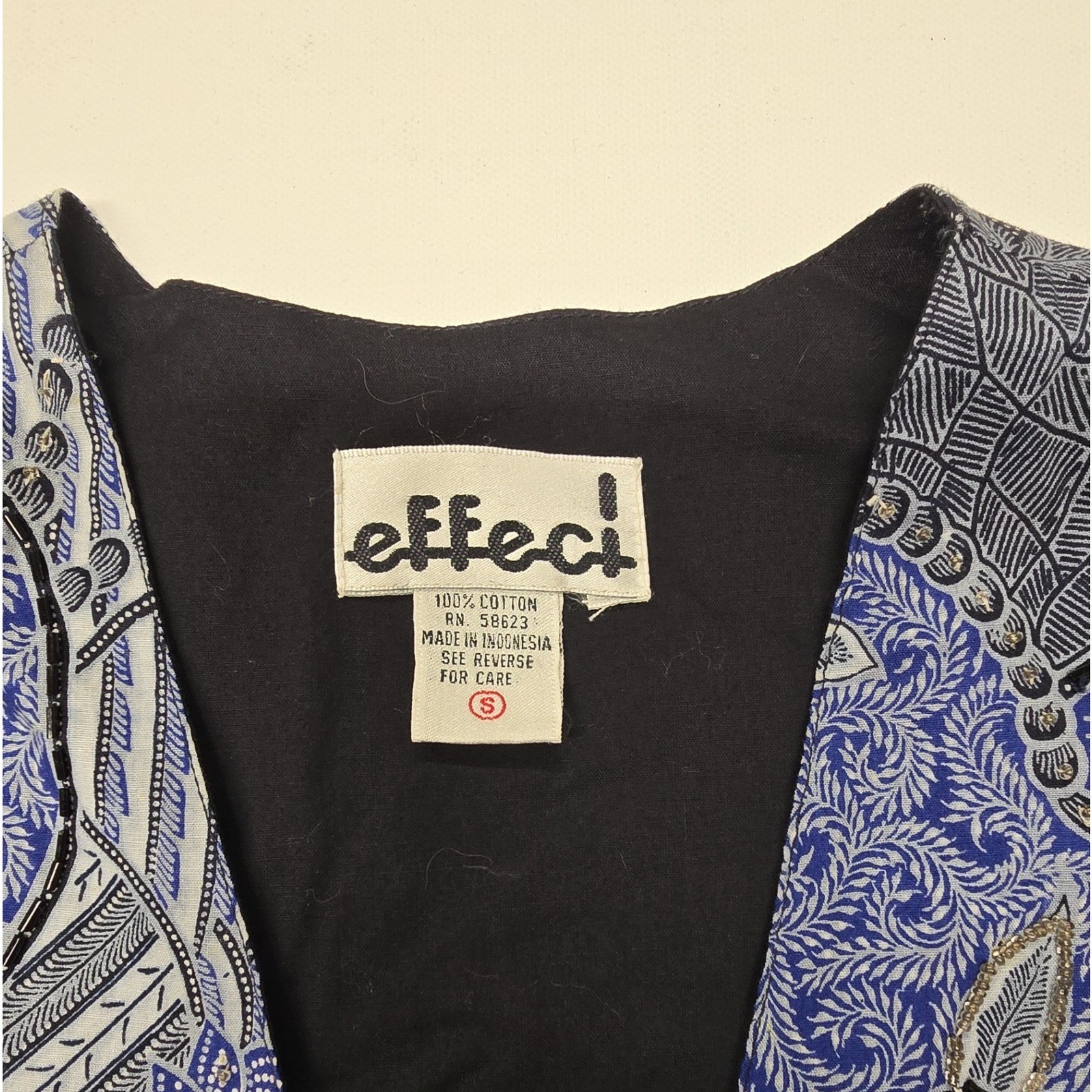 Effeci Women Vintage Batik Phoenix Beaded Cotton Vest Blue Black Small Indonesia