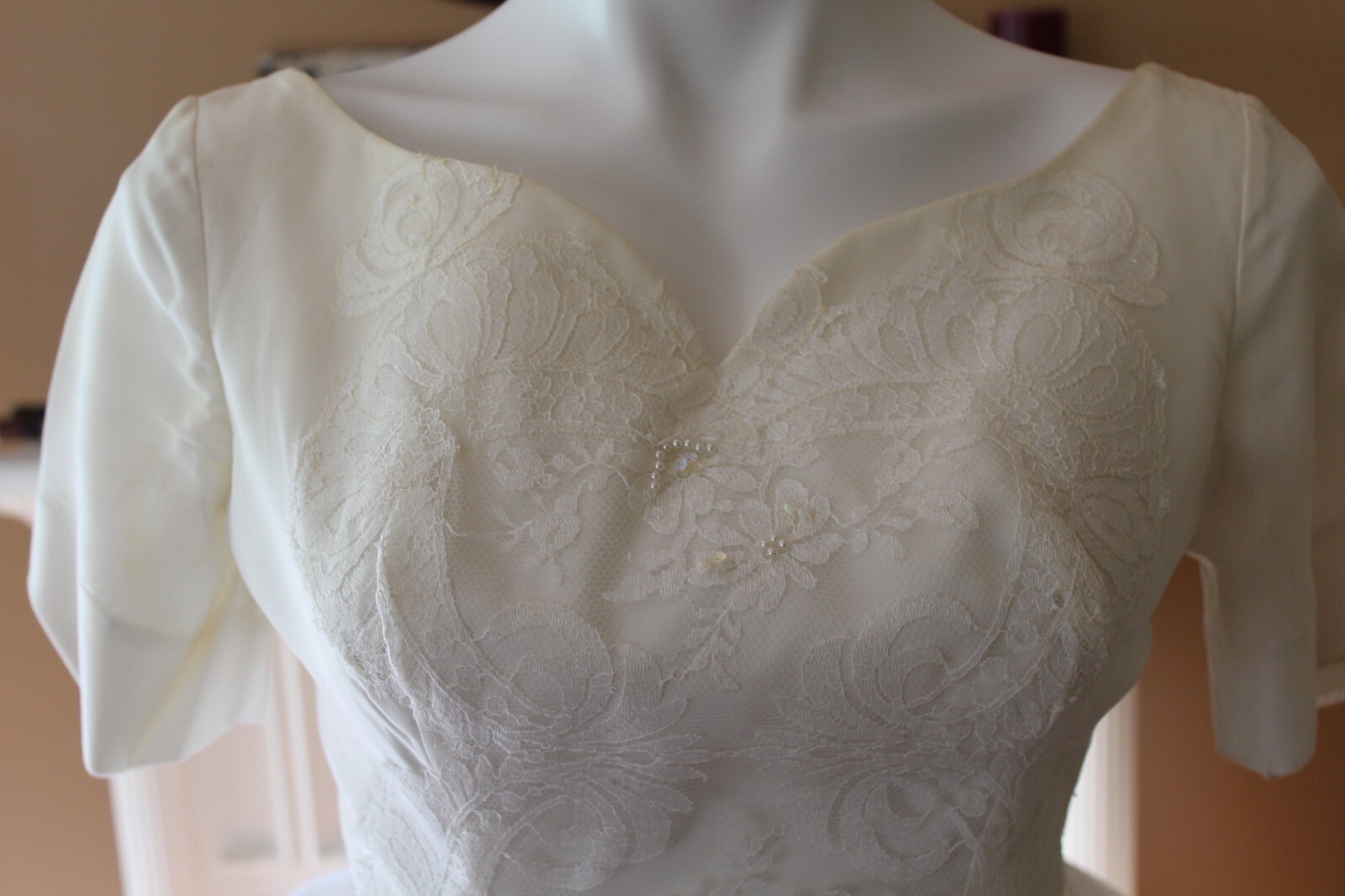 Vintage Short Sleeve Wedding Gown with Unique Bustle-Handmade