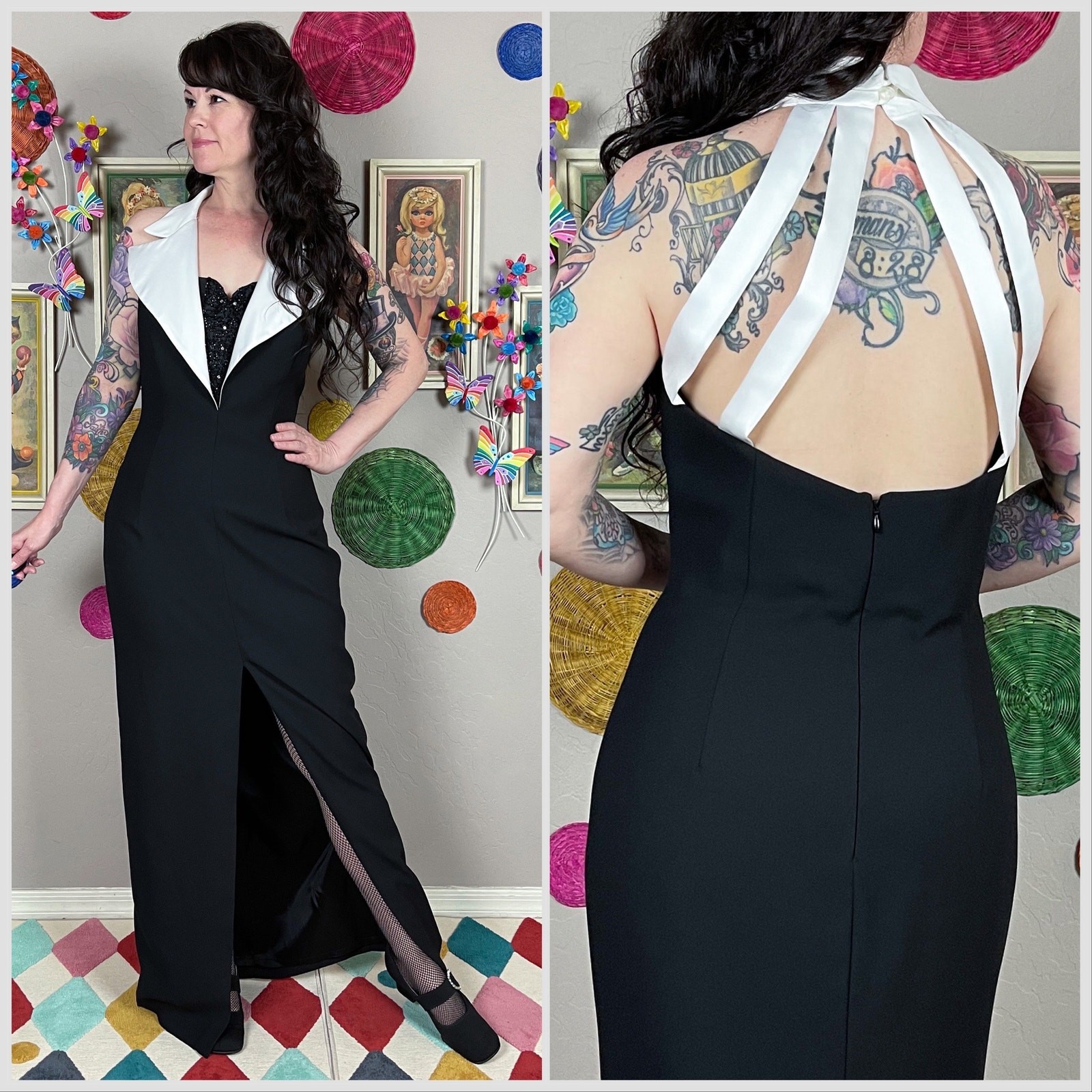 Vintage 1990s Black and White Sleeveless Tuxedo Gown | 30″ Waist