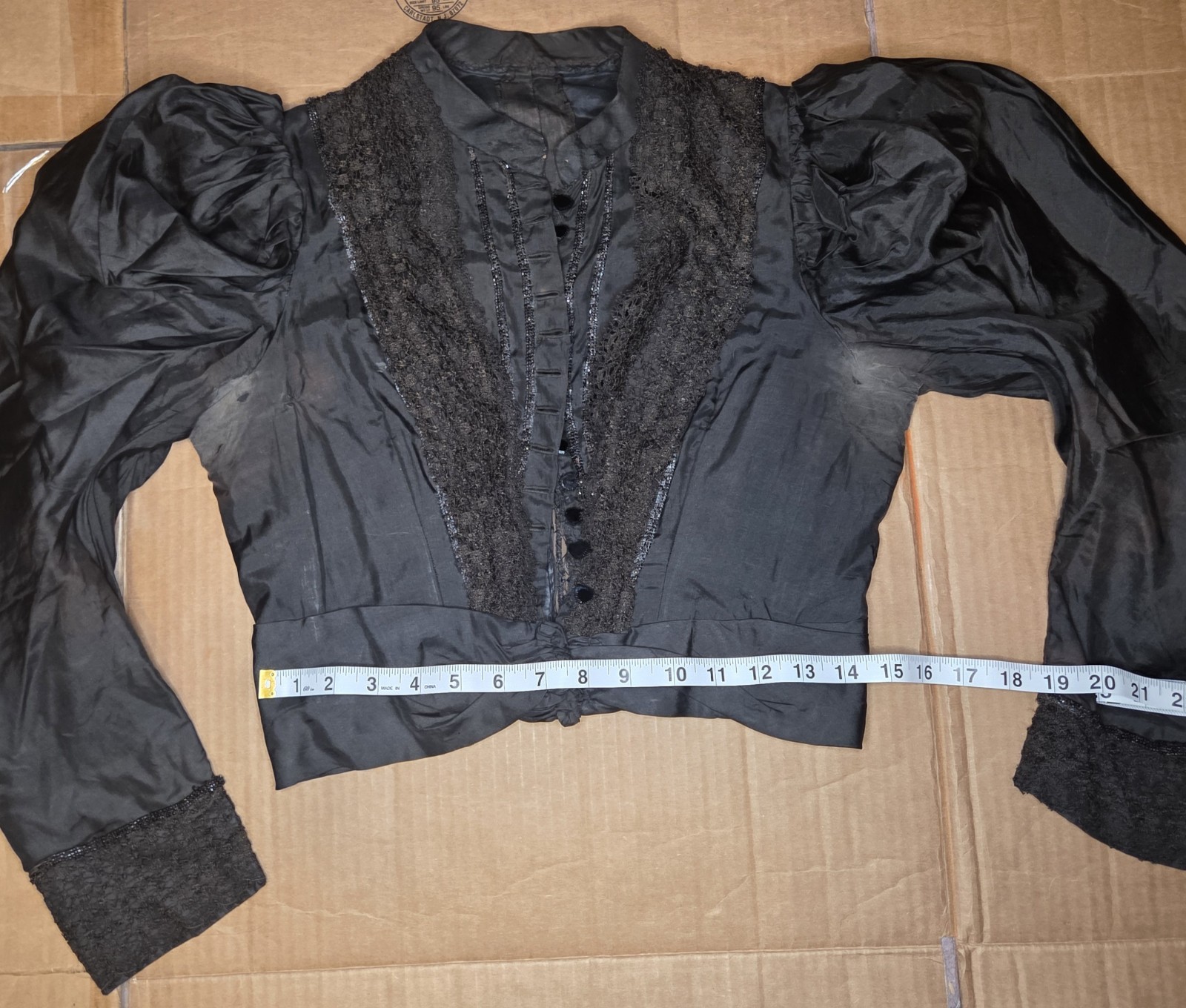 Black Victorian Silk Leg Of Mutton Sleeved Bodice With Lace & Glass Buttons READ