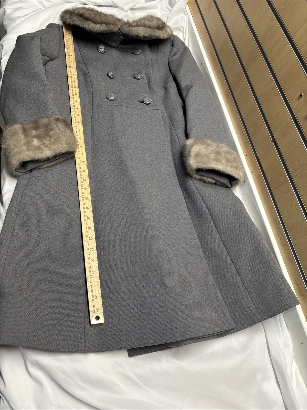 Vintage Women’s Union Made Gray Wool Coat With Fur Trim, 1960s (flaws)