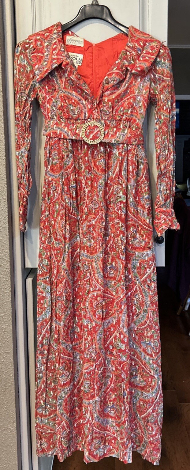 70s Vintage Metallic Organza Long Dress Morton Myles Malcolm Charles Size 6 READ