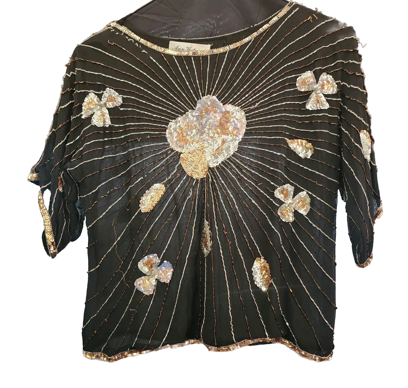 Vintage Ann Katrine Sequined Beaded Blouse Black Gold Short Sleve 80s Glam READ
