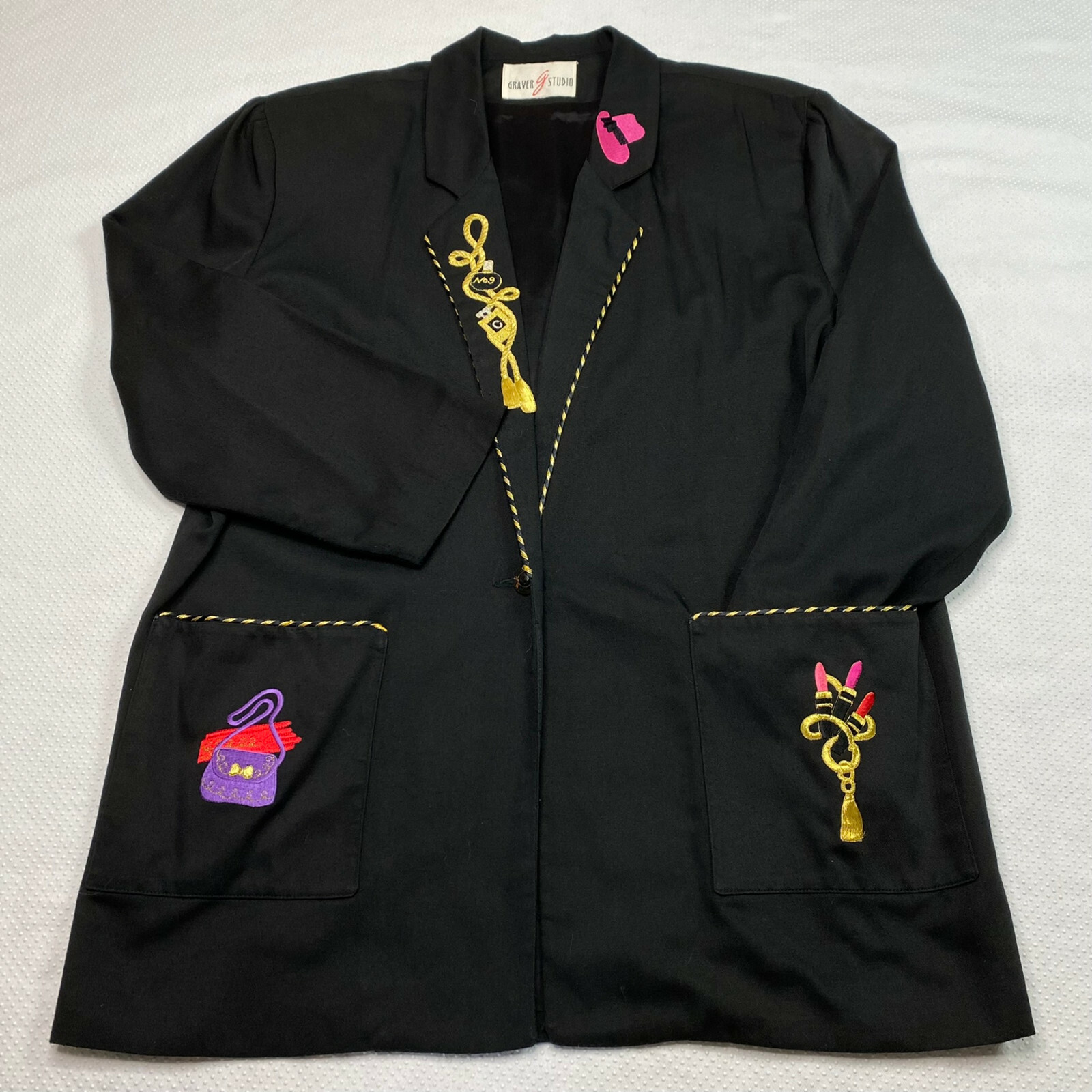 Graver Studio Women Blazer sz L Black Embroidered Whimsigoth Artsy VINTAGE