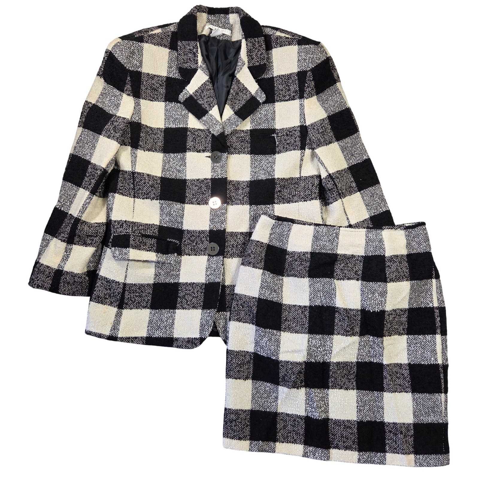 The Limited Vintage 90s Wool Blend Buffalo Plaid Skirt Suit Set Black Cream L