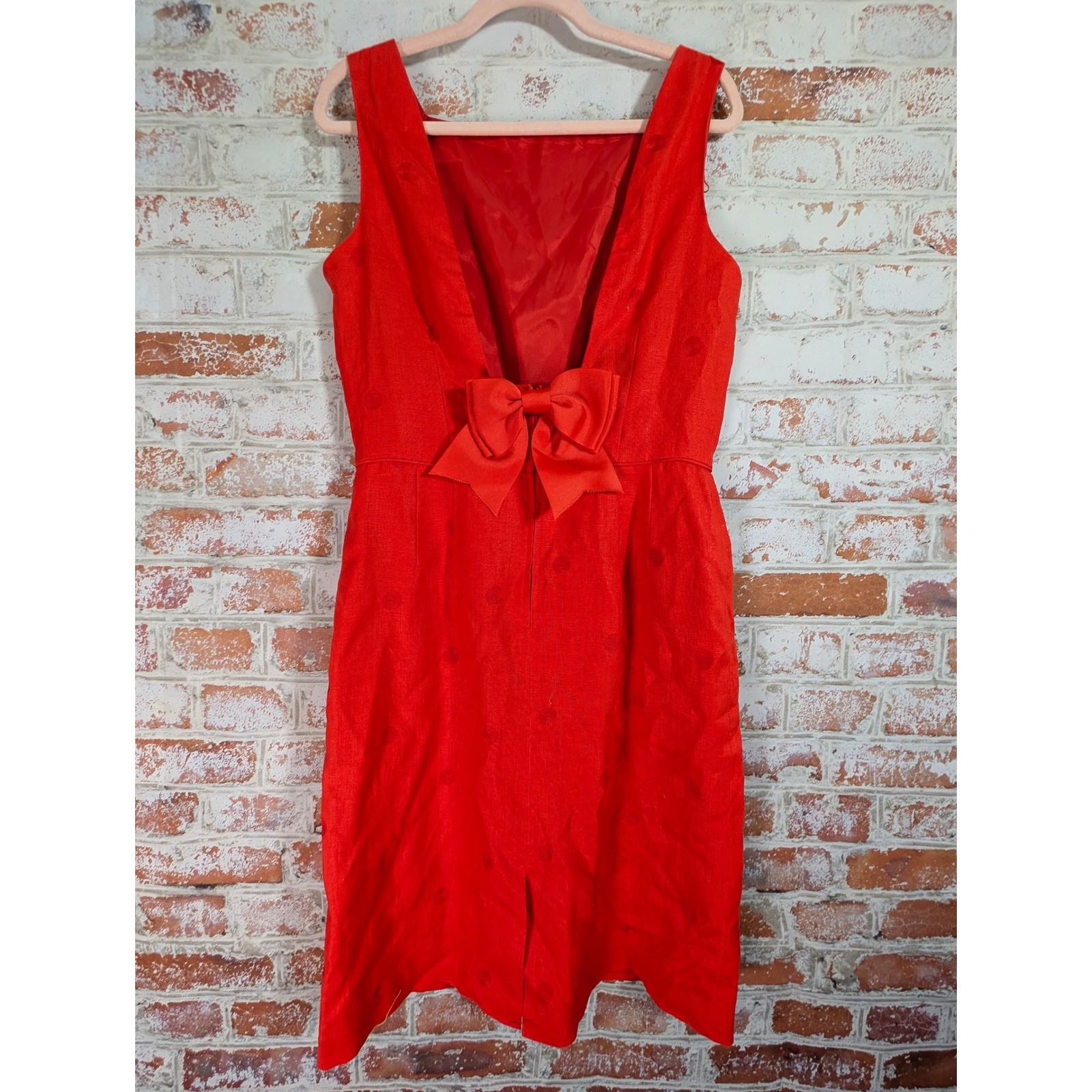 Donna Morgan Linen Dress Women 12 Red Bow Back Sleeveless Embroidered Sheath