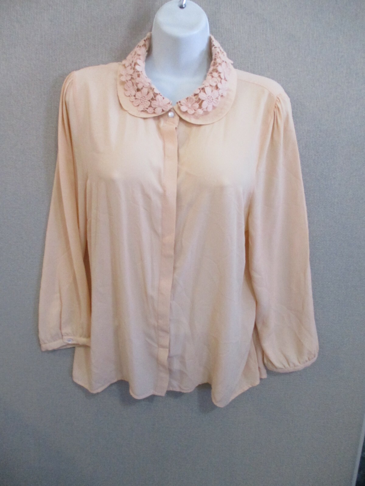 VTG 80’s Sans Souci Blouse Size XL Sheer Peach Lace Peter Pan Double Collar Dres