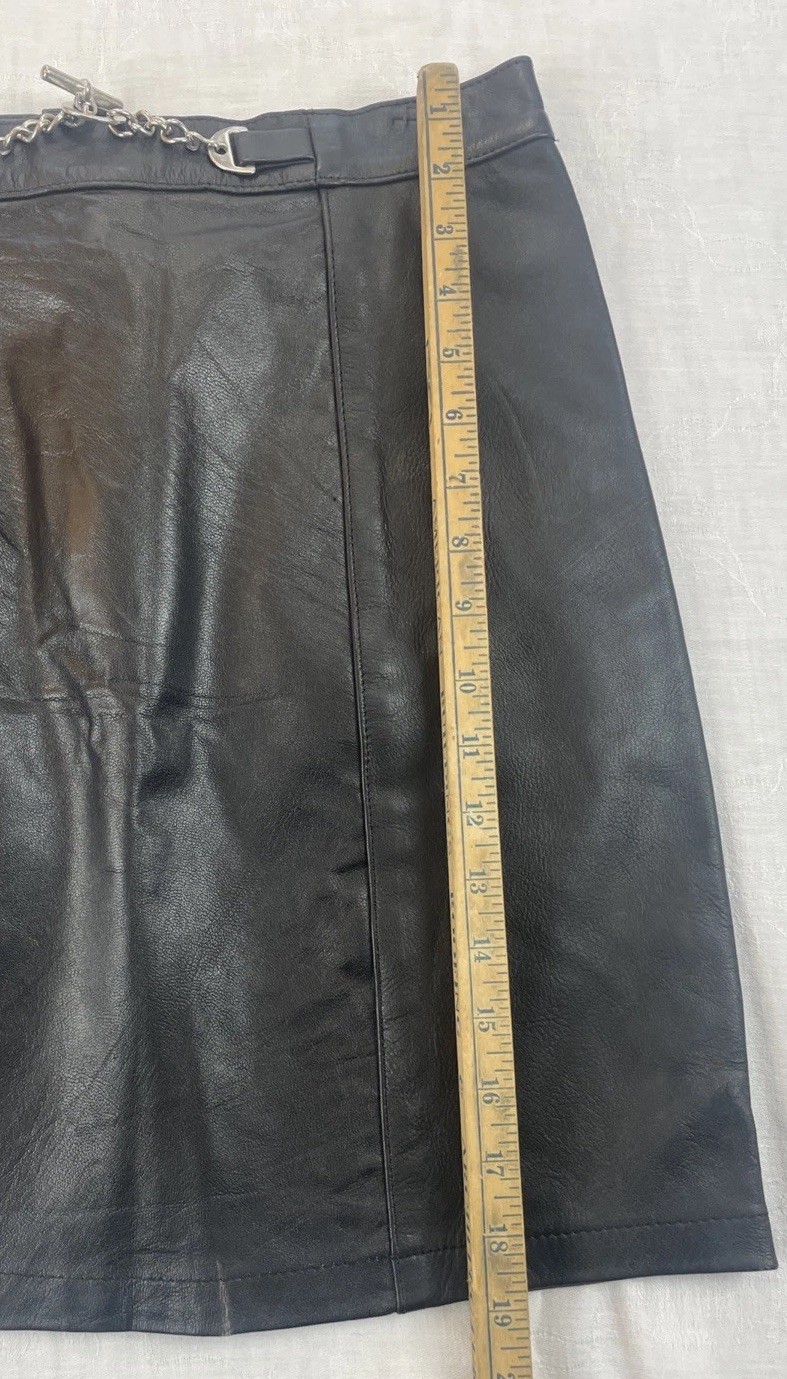 Vintage 80s Leather Black Leather Skirt w/ Metal Chain Embellishment Size L READ