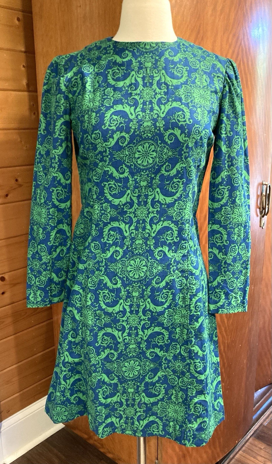 Vintage 1960s 1970s mini dress blue & green mod, tribal psychedelic fabric B 35