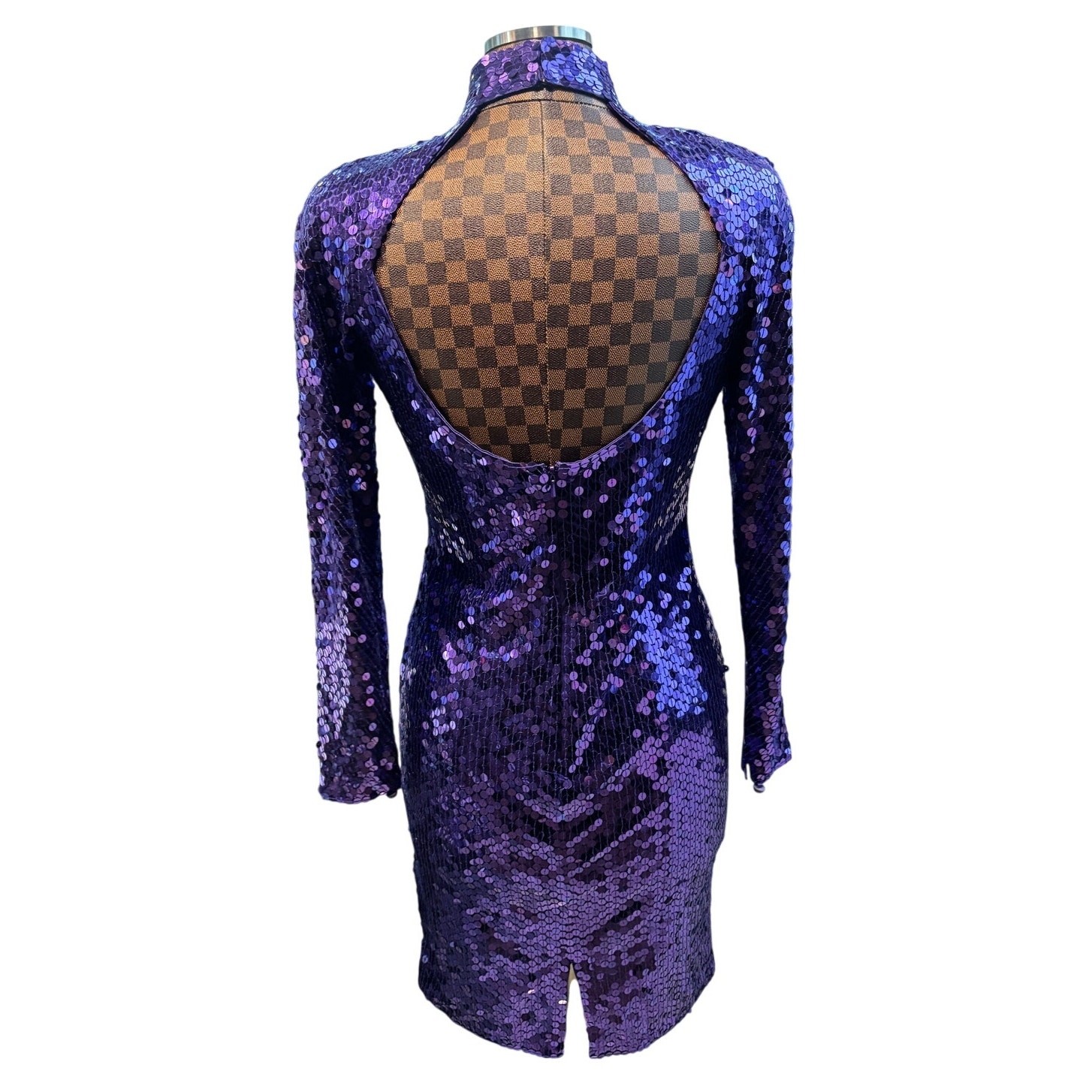 Vtg 90s Purple Sequin Open Back Mock Neck Cocktail Dress Size 10 Disco Glam Luxe