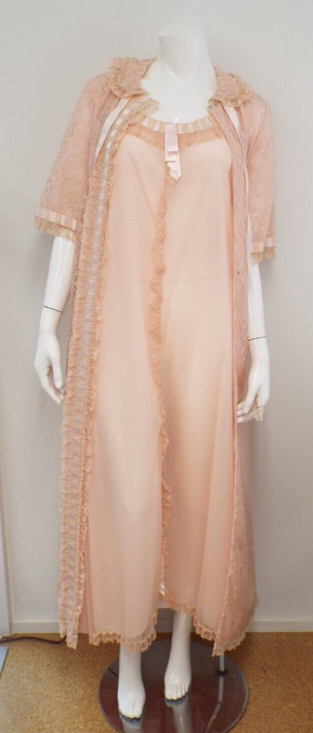 Vintage Odette Barsa Pink Nylon Lace Peignoir Set SMALL New Old Stock Tags Fancy
