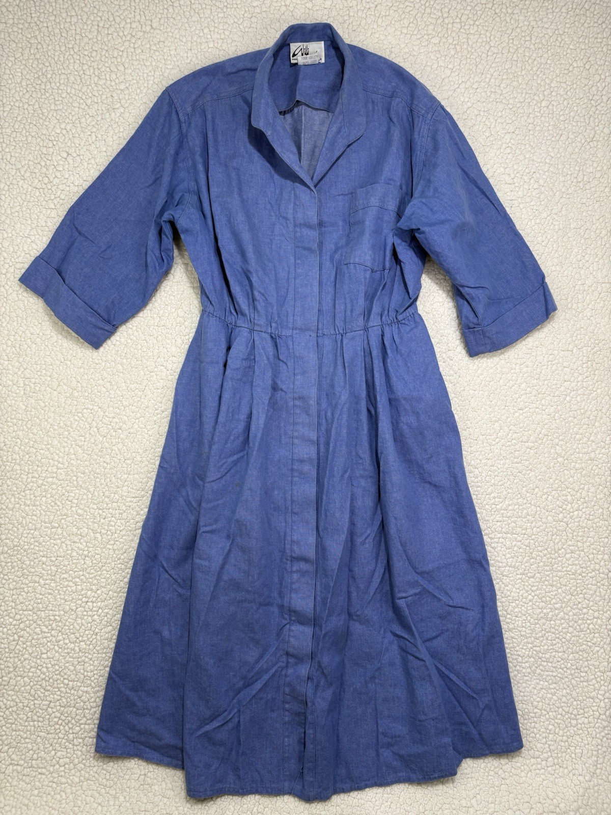Vtg Willi California Blue Pleated Shirtwaist Dress 70s Secretary Chic Denim 10