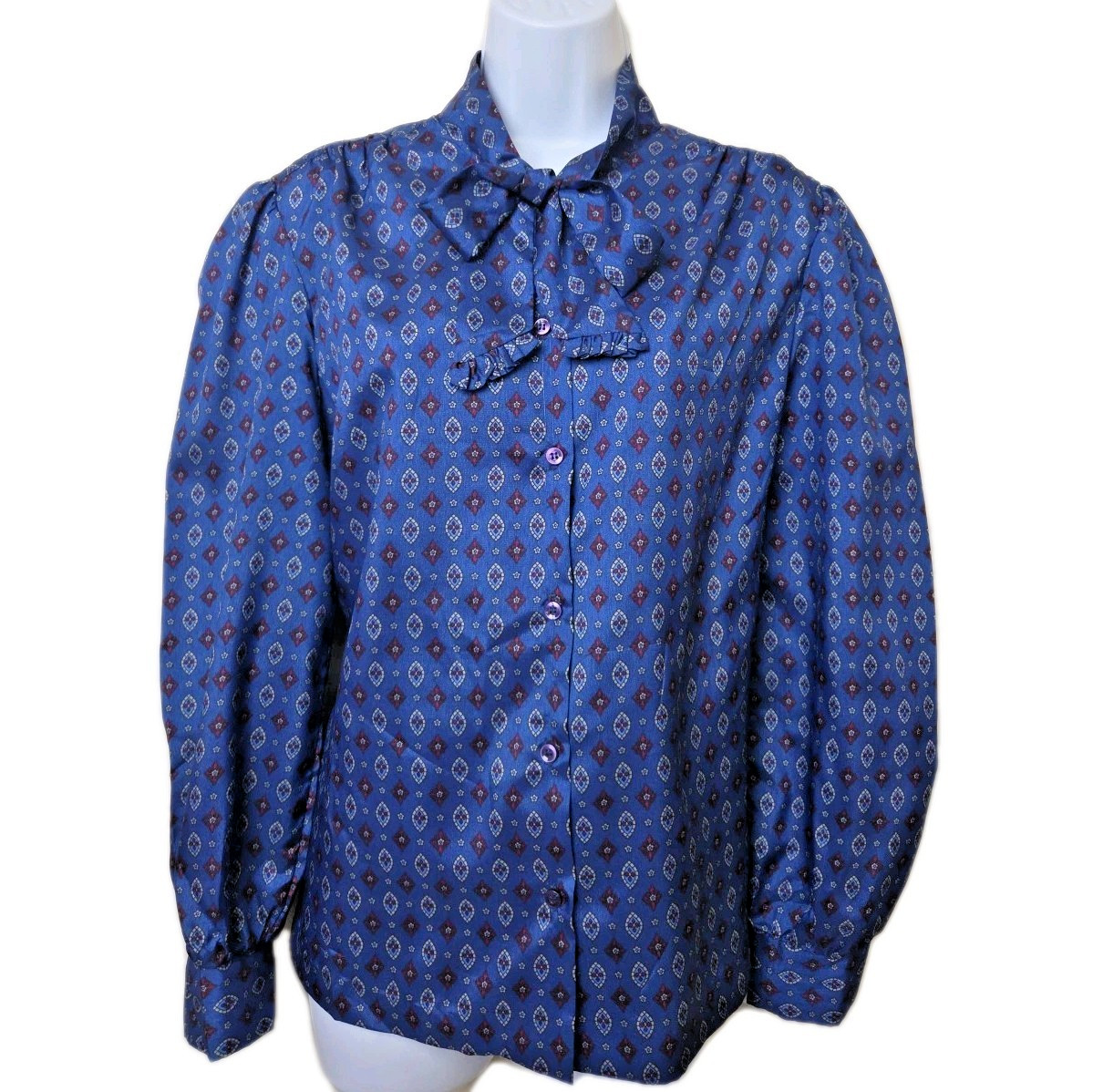 Vtg 1980s Satin Pussybow Neck Blue Geometric Print Blouse Ragazza Size 18 PLUS