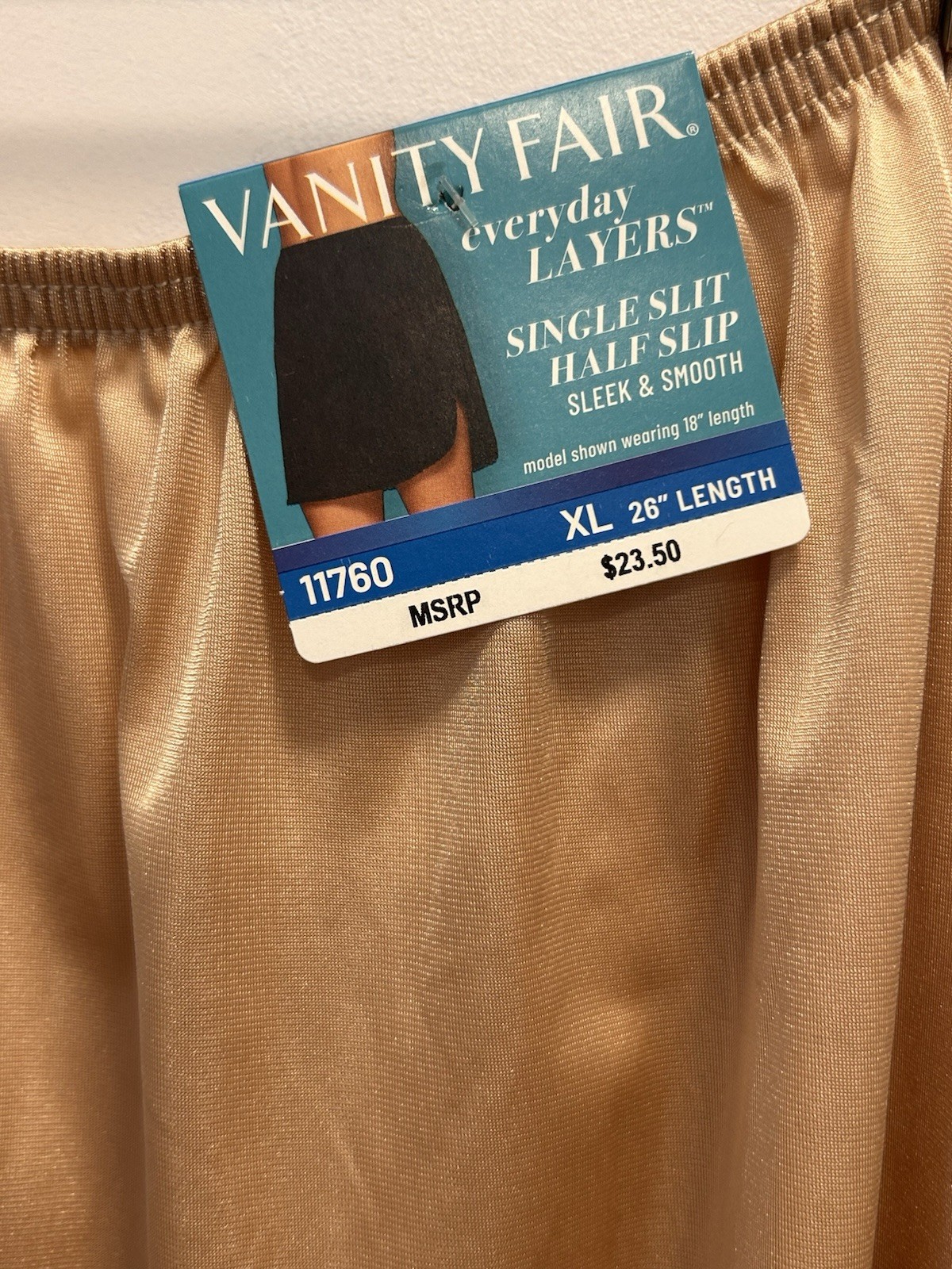 Women’s Vanity Fair Single Slit Half Slip Sleek & Smooth XL 26 Inches Long Beige