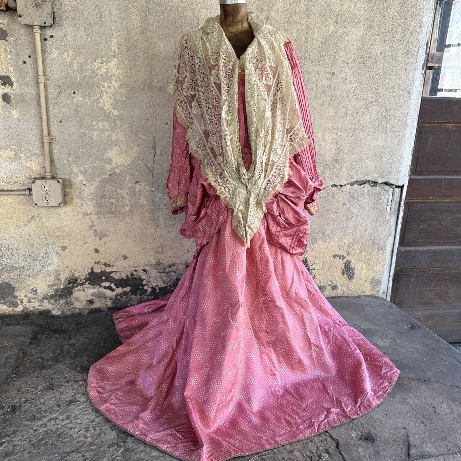 Antique Victorian Pink Silk Dot Print Dress Side Bustle Gown Lace 1880s Vintage