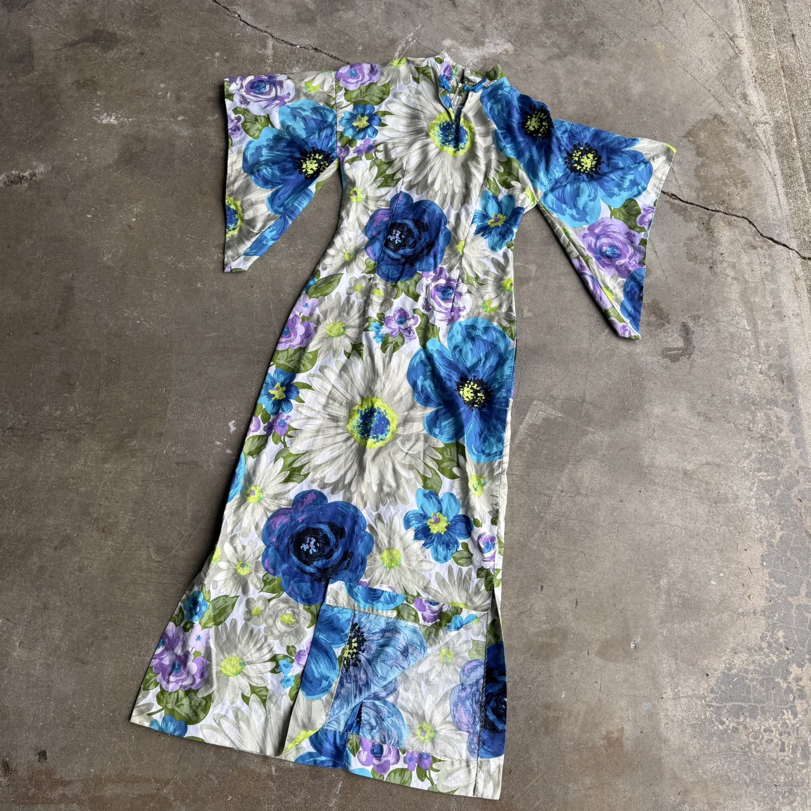 Vintage Paradise Hawaiian Pake Muu Kimono Sleeve Tiki Luau Party Maxi Dress s/m