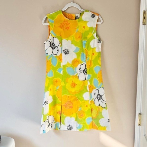 Vintage 60s Floral Dress + Short Set High Waist Mod Orange Green White Dayglow