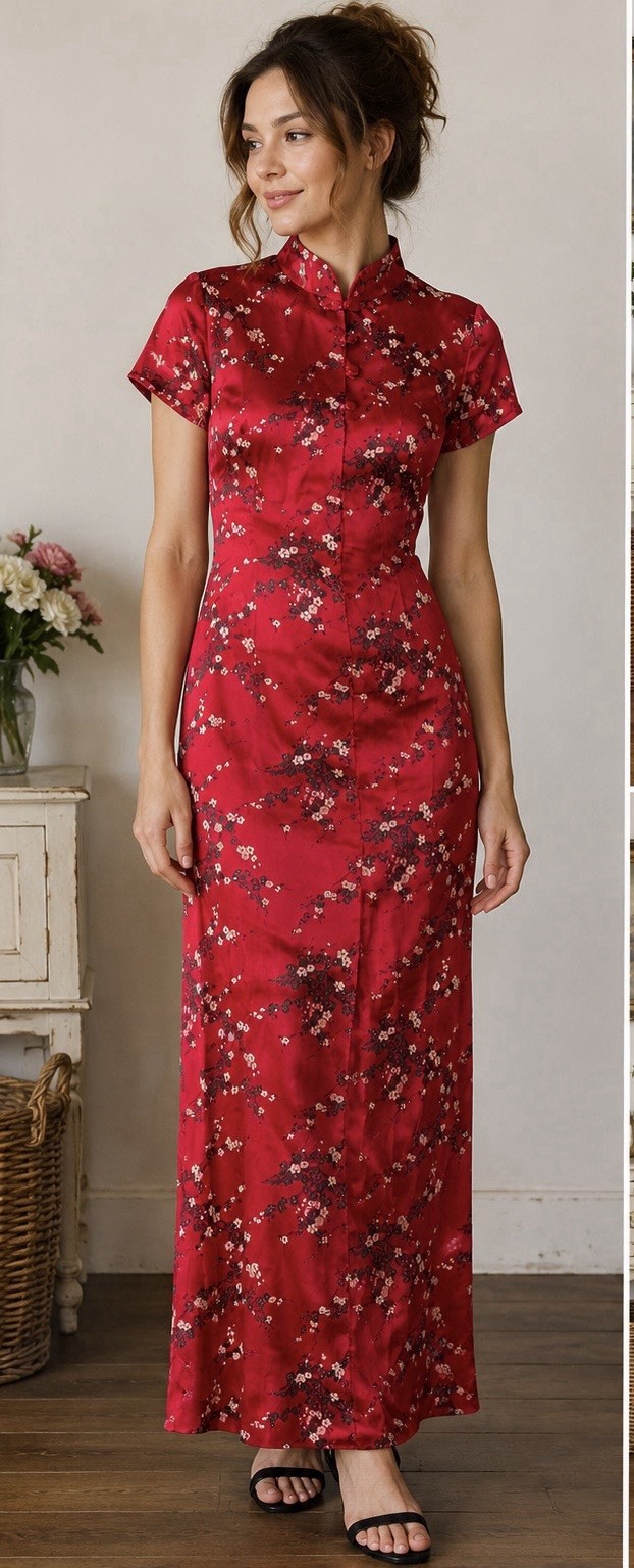 Vintage Red Cherry Blossom Maxi Dress Made USA Asian Cheongsam Mandarin S