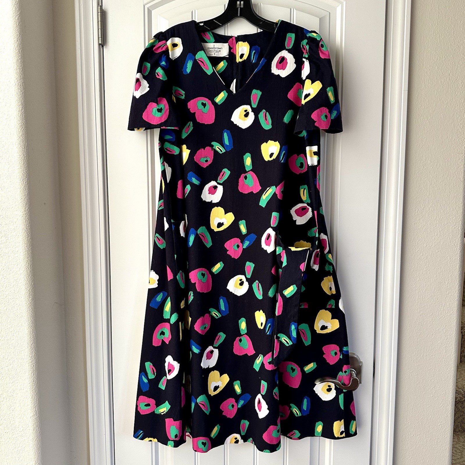 Vintage David Brown Boutique California Black Floral Print Dress Sz Small