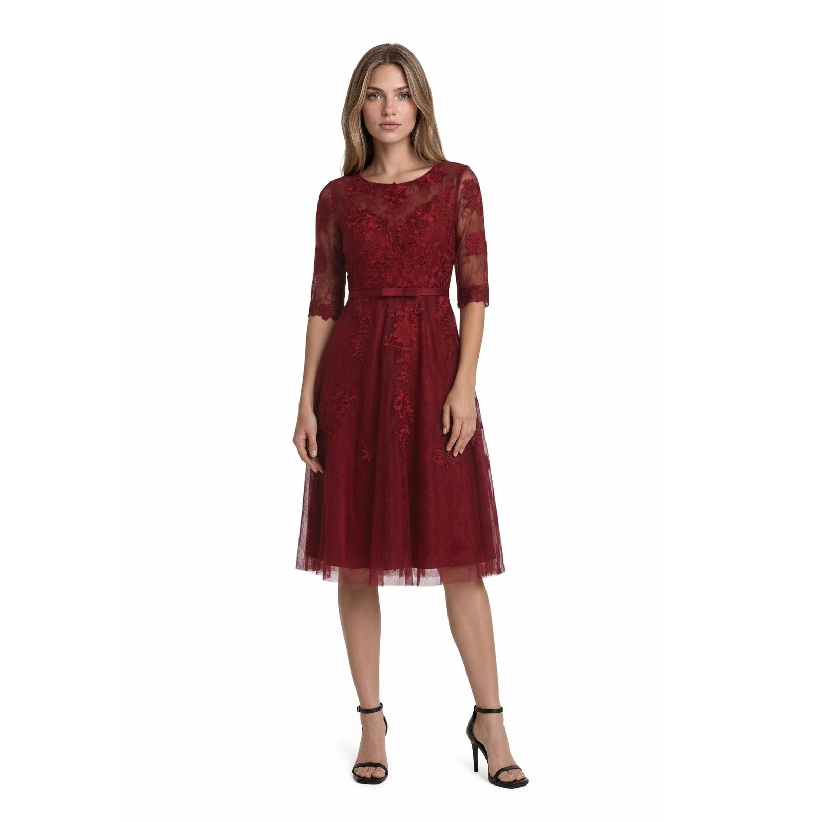Vintage Fit & Flare Burgundy Red Lace Tulle Cocktail Dress Women’s Size 6 Bow