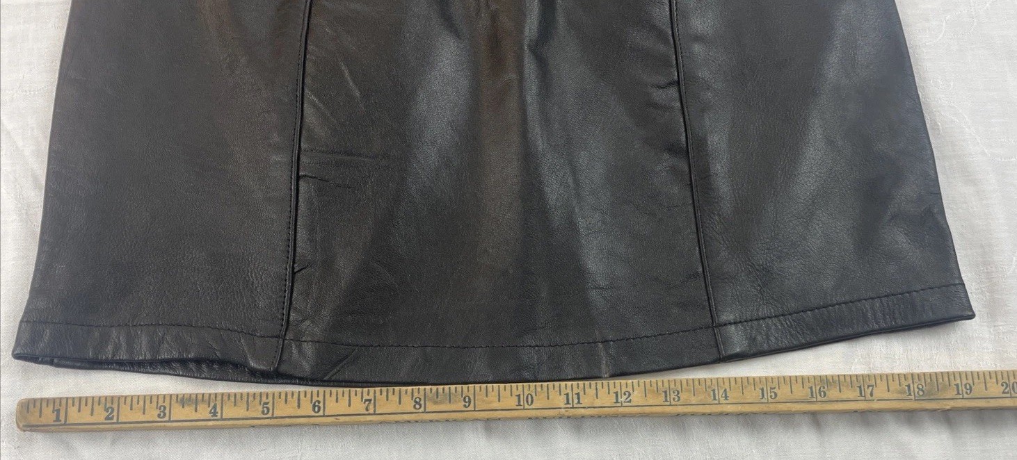 Vintage 80s Leather Black Leather Skirt w/ Metal Chain Embellishment Size L READ