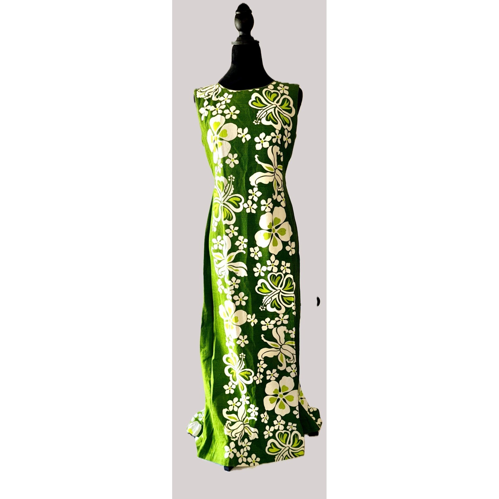 Vintage Sears Hawaiian Fashions Green Hibiscus Barkcloth Maxi Dress 10 Tiki Luau