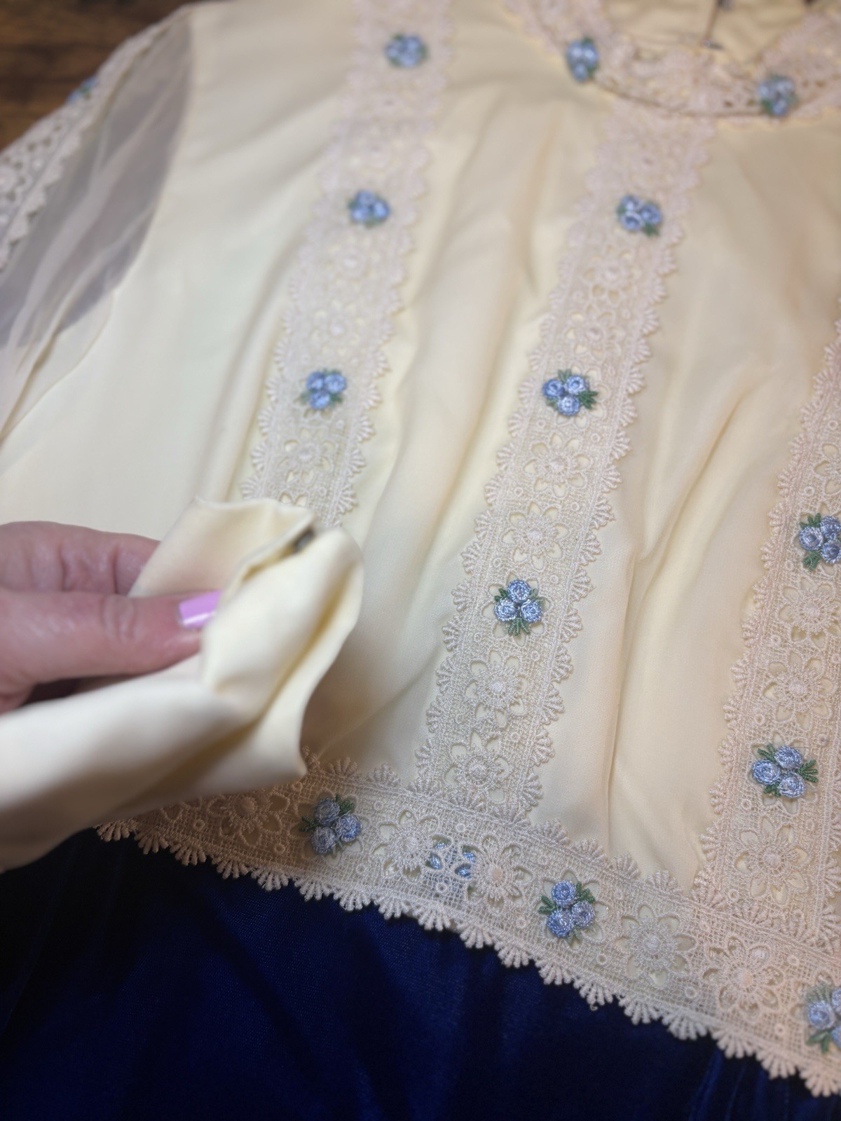 Vintage 1970s Blue Beige Chiffon Velvet Maxi Dress Lace Bodice Sz Medium?