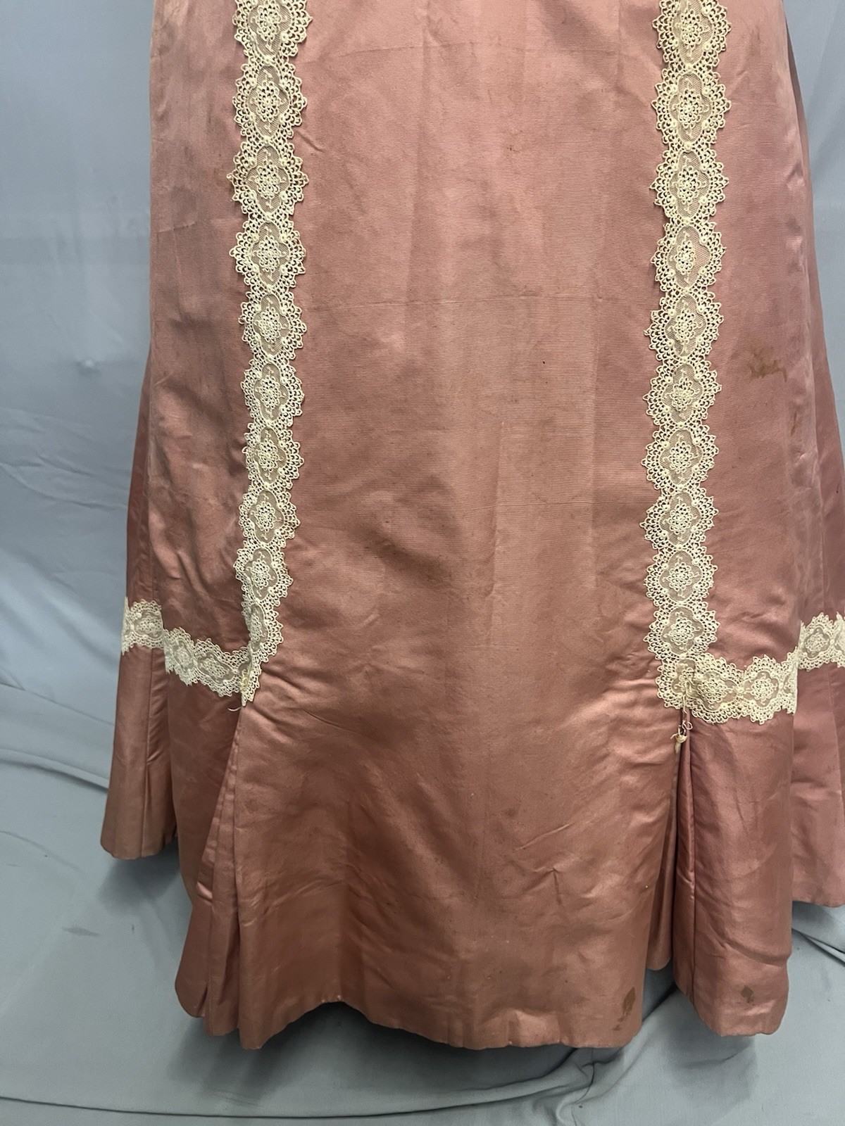 1890’s Peach Silk Faille & Lace Bustle Dinner Gown
