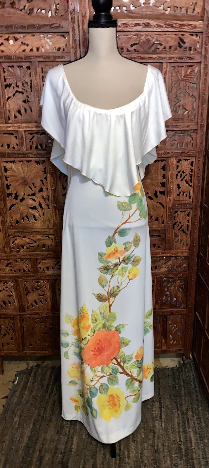 Vintage Maxi Dress Flower Long Tiered Neck Open Back Womens White NWT 1970s Sz 5