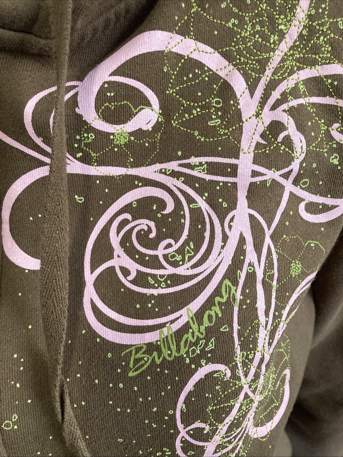 VTG Y2K Billabong XL Brown Pink Swirl Zip Hoodie Green Embroidered Graphic Surf