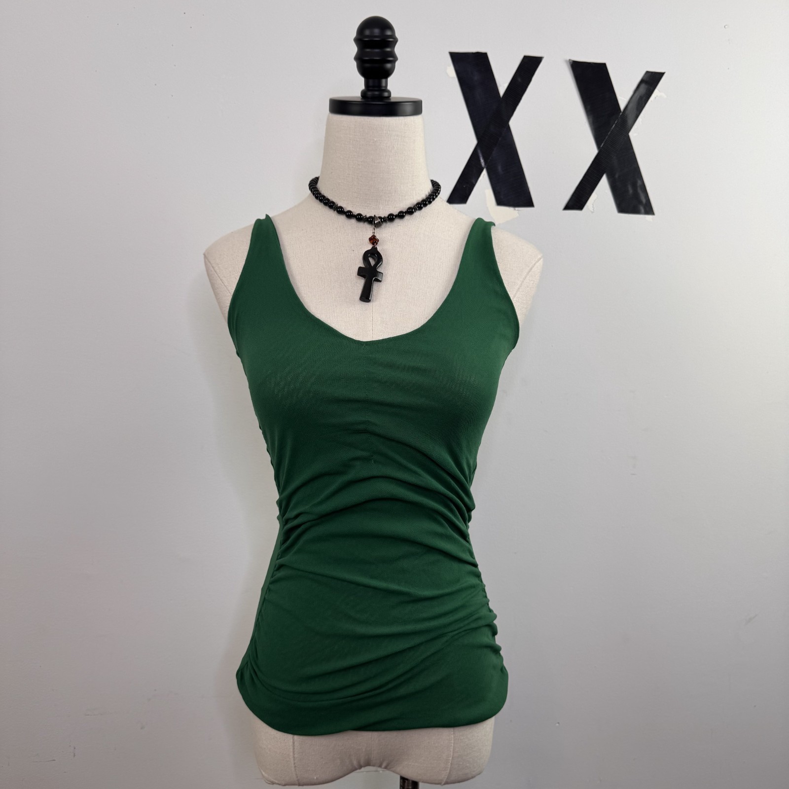 Vintage Y2K Arden B Green Ruched Mesh Stretchy V-Neck Open Back Top Indie S