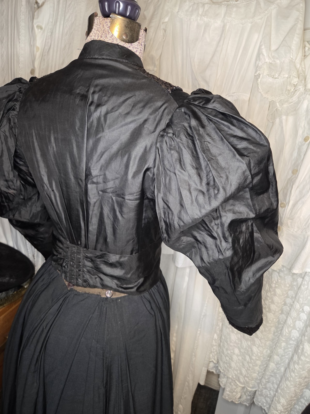 Black Victorian Silk Leg Of Mutton Sleeved Bodice With Lace & Glass Buttons READ