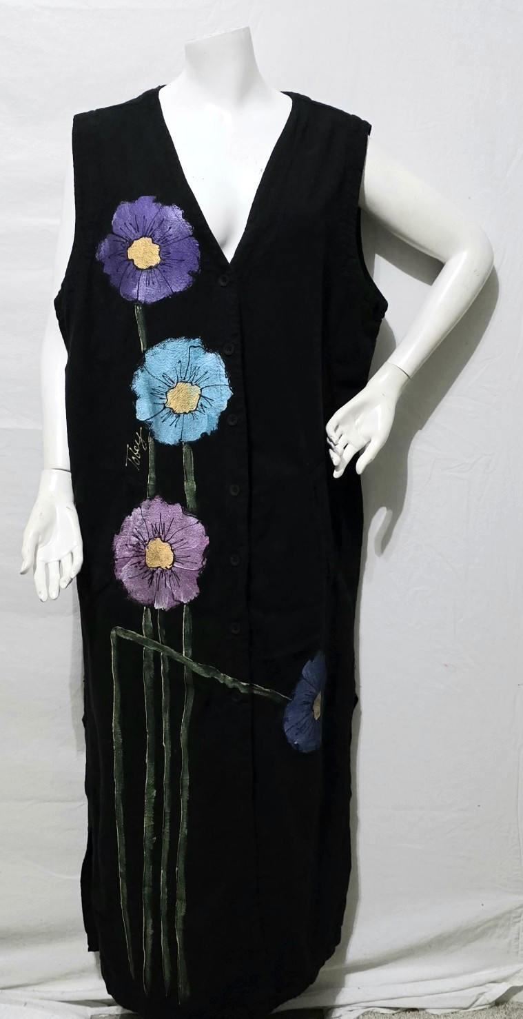 Vtg Hari Casuals XL Dress Jumper Long Hand Painted Flowers Button Up Artsy ’90s