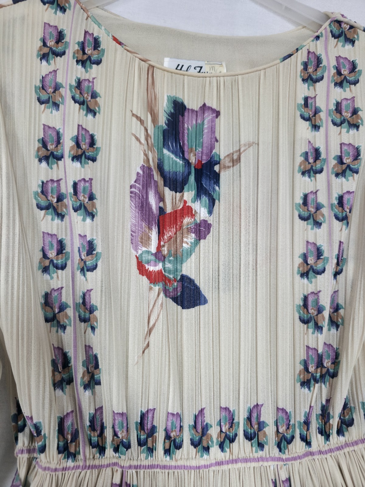 ’70s Union USA Hal Ferman Midi Dress Ivory Floral Micro Pleated Sheer Chiffon