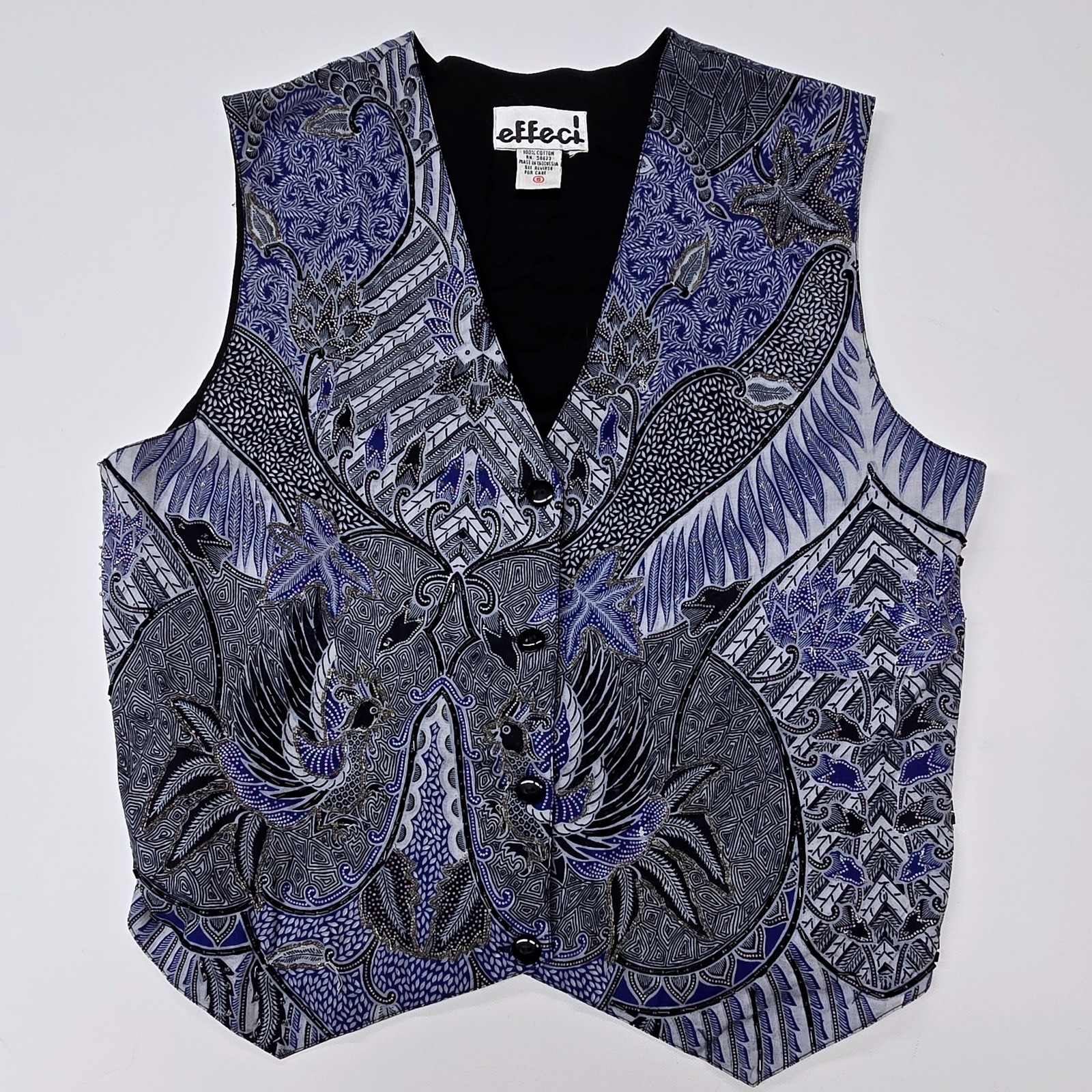 Effeci Women Vintage Batik Phoenix Beaded Cotton Vest Blue Black Small Indonesia