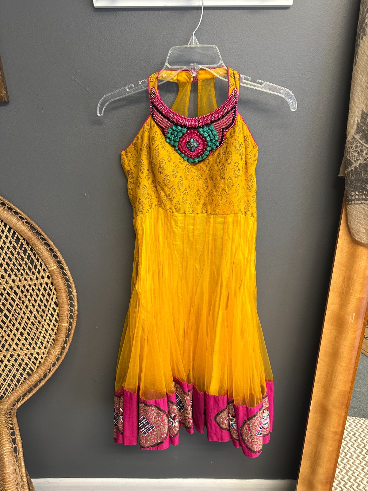 Vintage Beaded Indian Womens S Anarkali Mesh Tulle Bollywood Yellow Festival