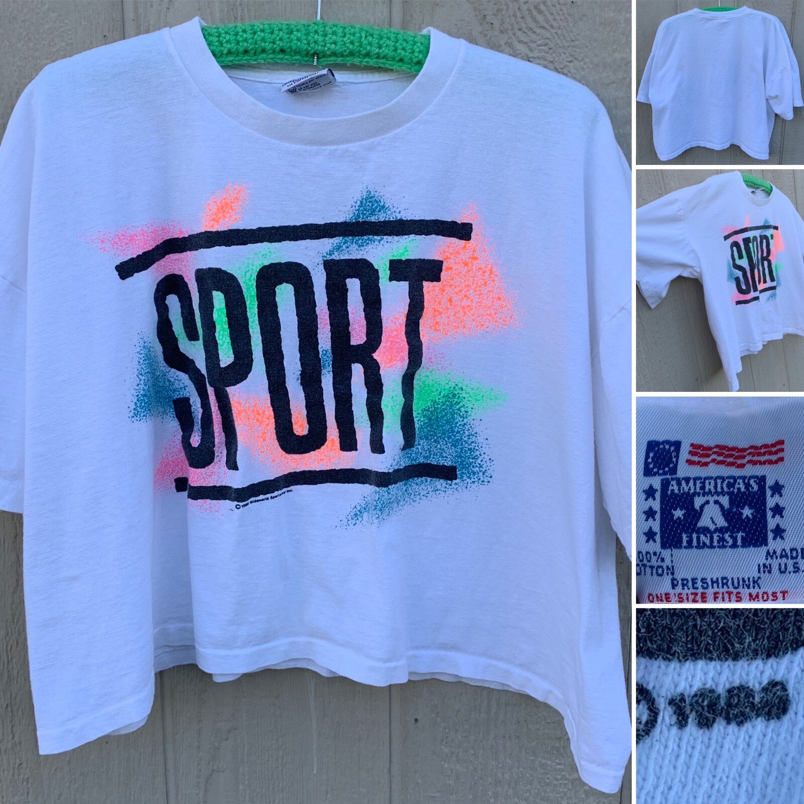 vintage SPORT t-shirt cropped tee neon splatter graphics 80s one size fits most