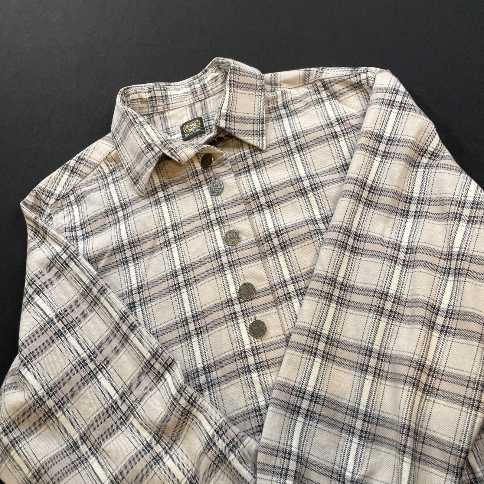vintage OS Trachten women’s blouse featuring a beige and black plaid