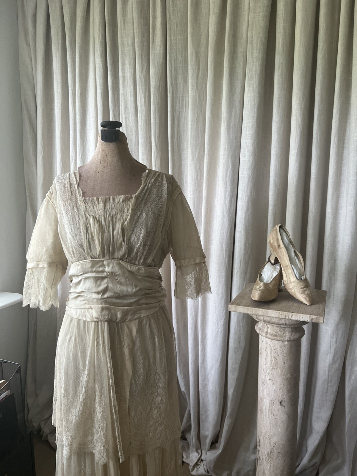 Stunning Antique Edwardian Silk Lace Wedding Dress with Original Shoes