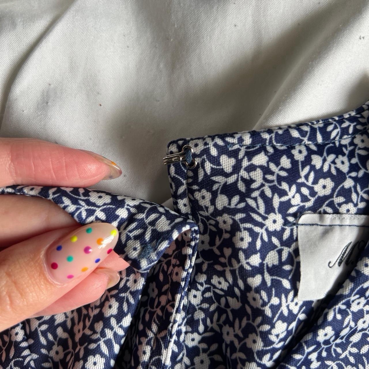 Vintage Pleated Dress Navy White Floral Polka Dot Long Sleeve