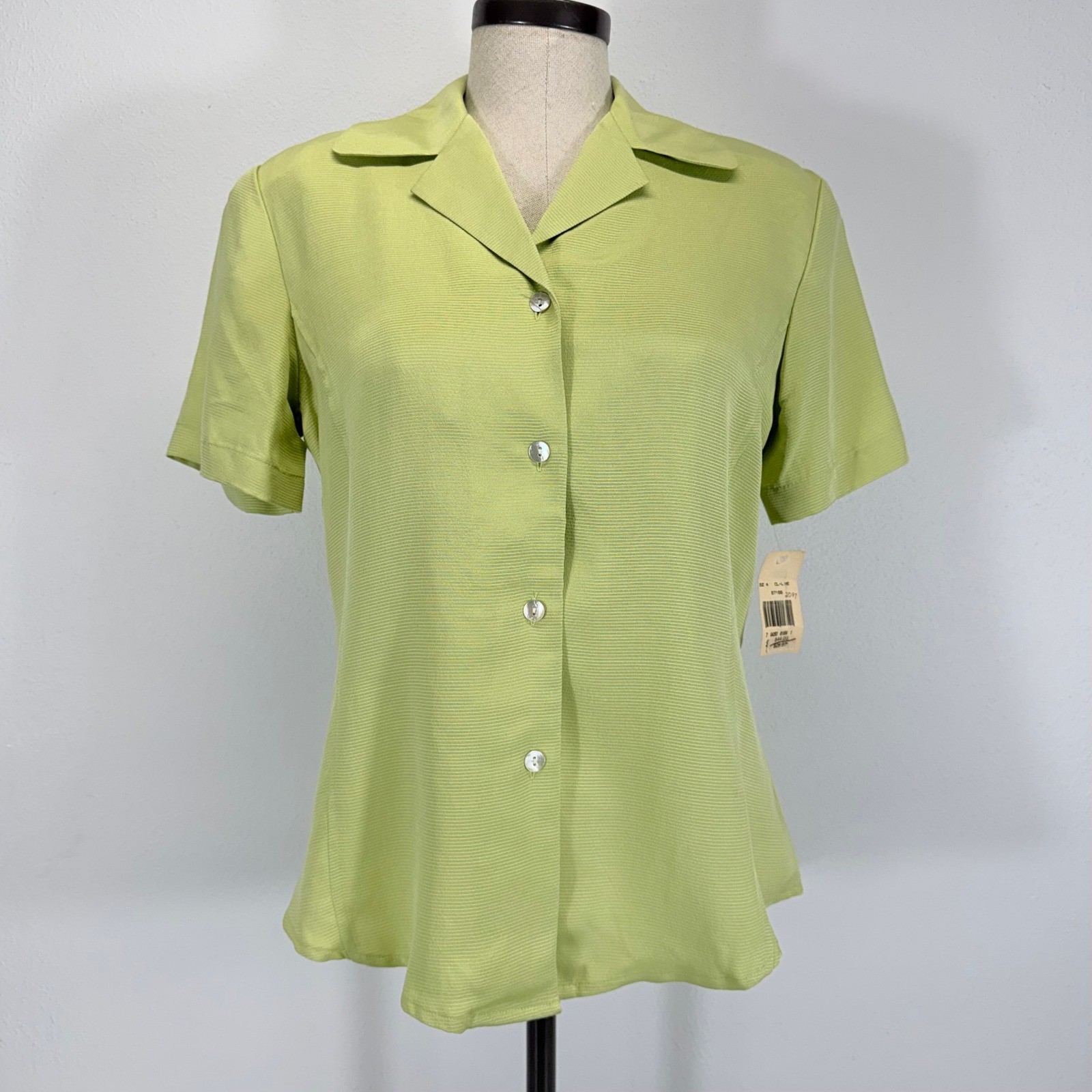 Alexandria VTG 100% Silk Lime Green Button Up Blouse Size 4 Deadstock NWT