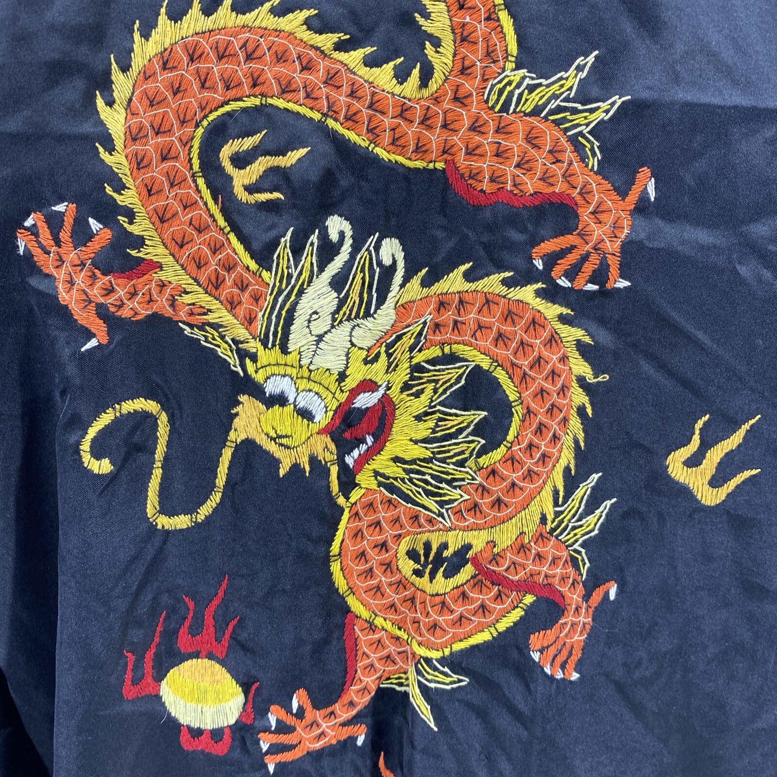 Vintage Asian Golden Dragon Embroidered Chinese Robe Black Kimono Size Medium